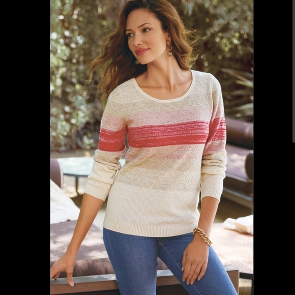SOFT SURROUNDINGS M 100% CASHMERE Pullover Sweater Striped Ombre Lattice Stitch - Picture 1 of 14